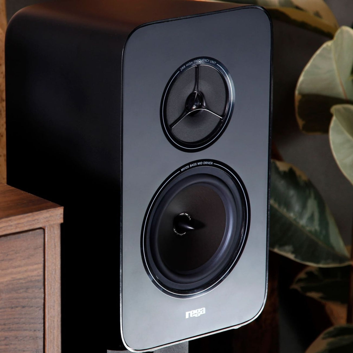 Rega Kyte Bookshelf Speakers product shot in living room underlit