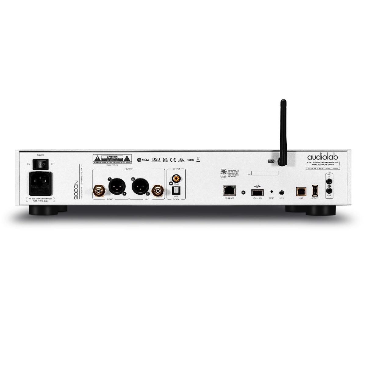 Silver audio streamer rear angle showing the available inputs