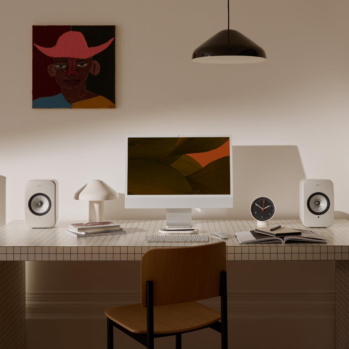 KEF LSX II LT Wireless Active Hi-Fi Speakers on competer desktop #colour_stone white
