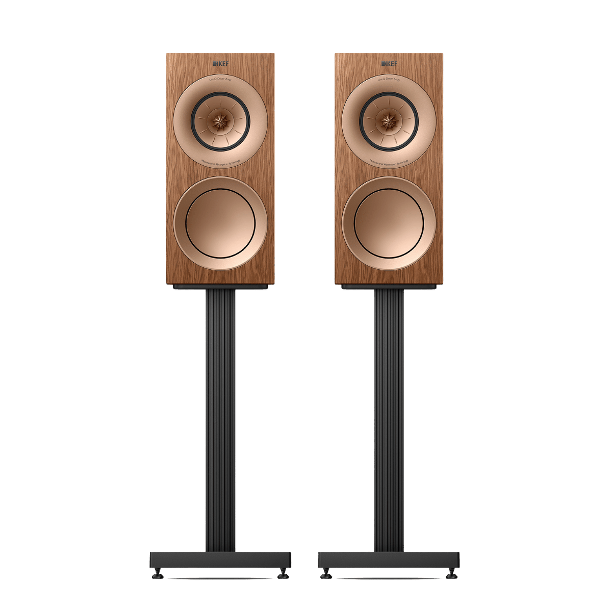 KEF R3 Meta 3-way Bookshelf Speakers on stands in walnut colour #colour_walnut