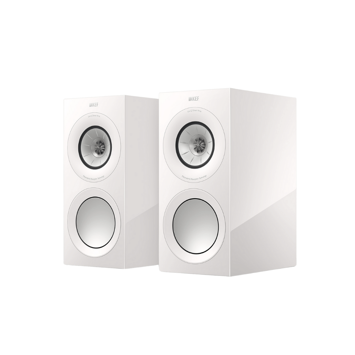 KEF R3 Meta 3-way Bookshelf Speakersin white with grilles off #colour_white gloss