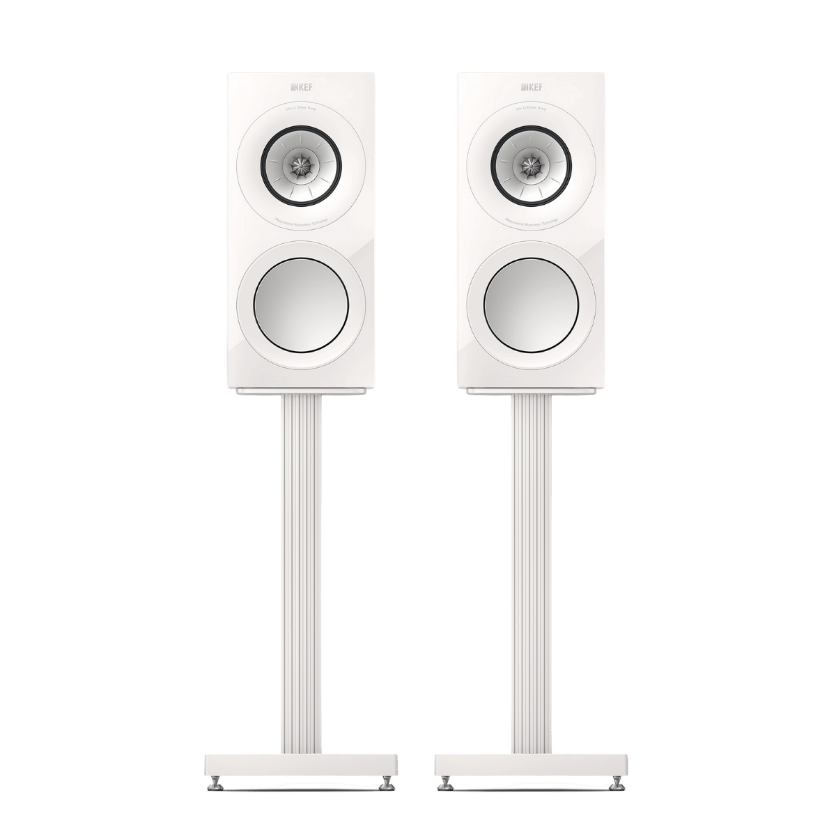 KEF R3 Meta 3-way Bookshelf Speakers on stands #colour_white gloss