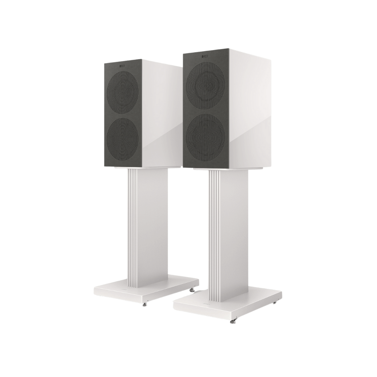 KEF R3 Meta 3-way Bookshelf Speakers in white with grilles on #colour_white gloss