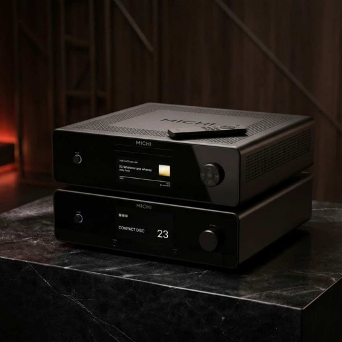 Rotel Michi Q430 black lifestyle stacked