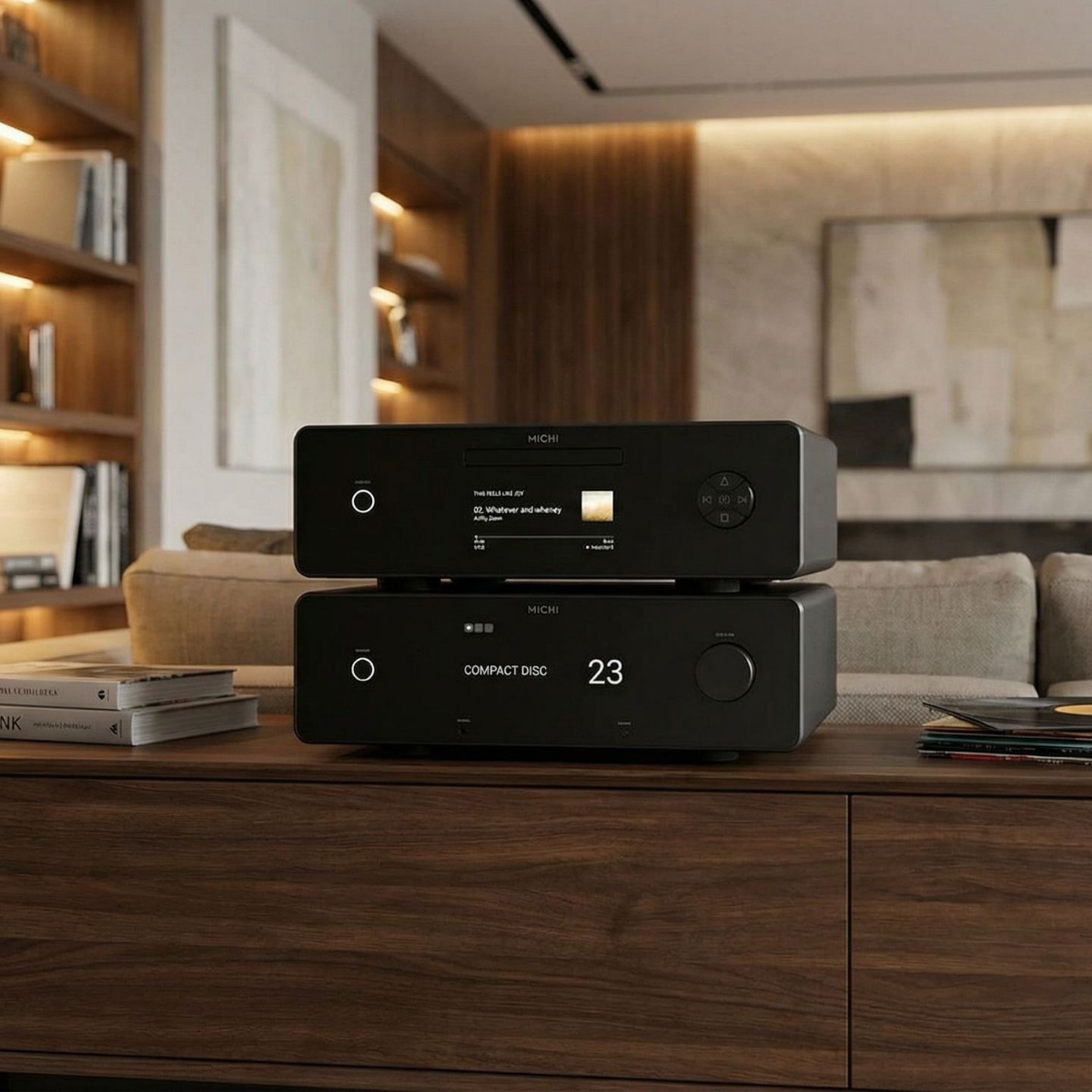 Rotel Michi Q430 black lifestyle stacked