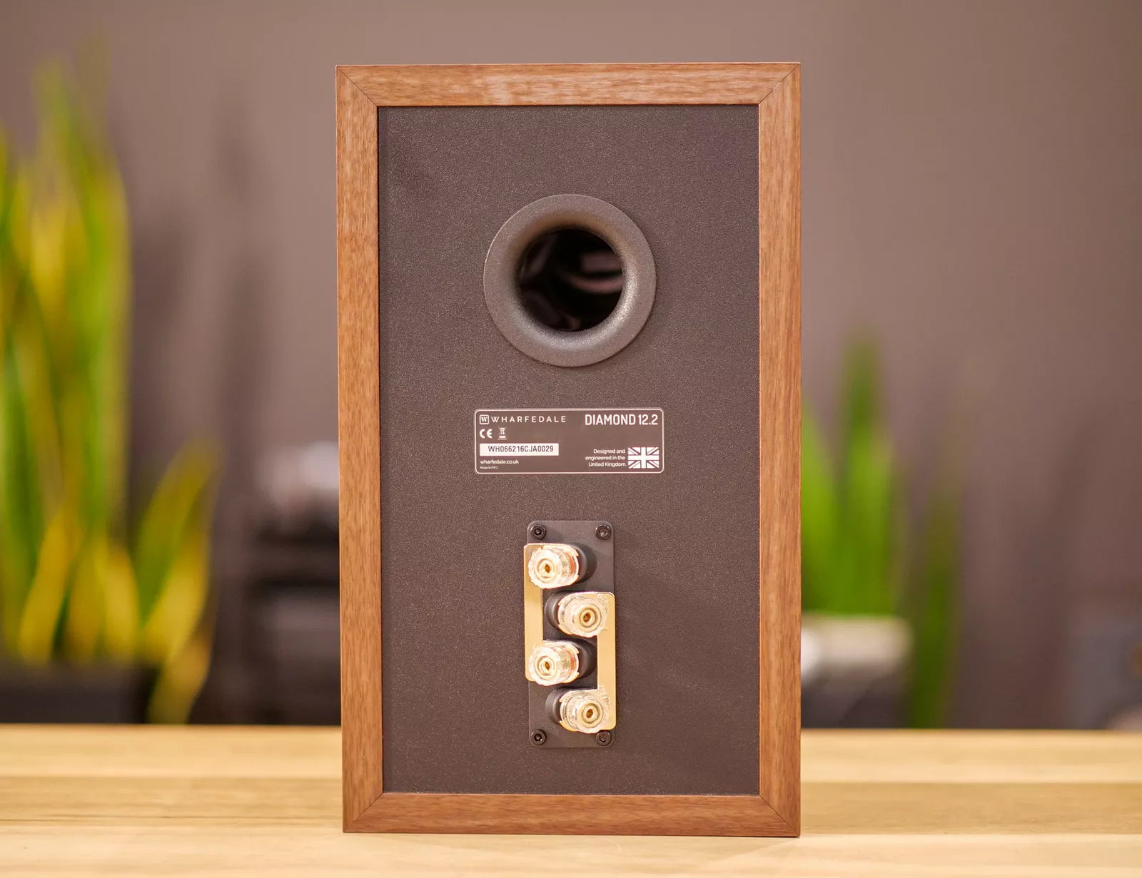 Wharfedale DIAMOND 12.2 bookshelf speaker showing the rear of the speaker #colour_dark walnut