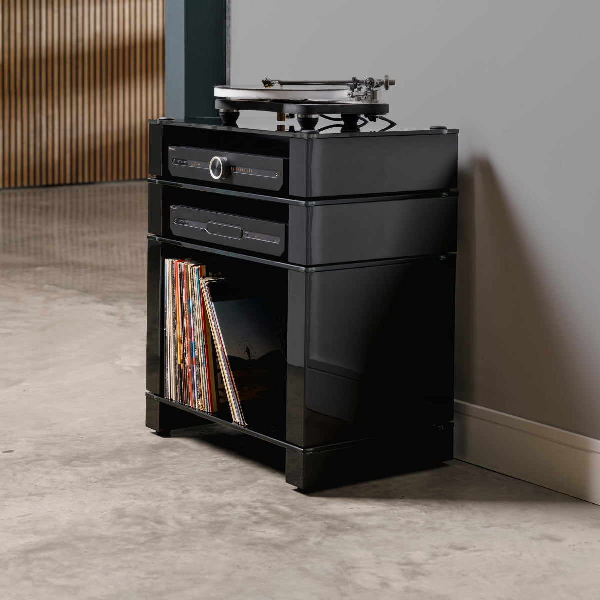 Blok Stax 2g 4-tier Hi-Fi rack #Colour_High Gloss Black & Black Glass