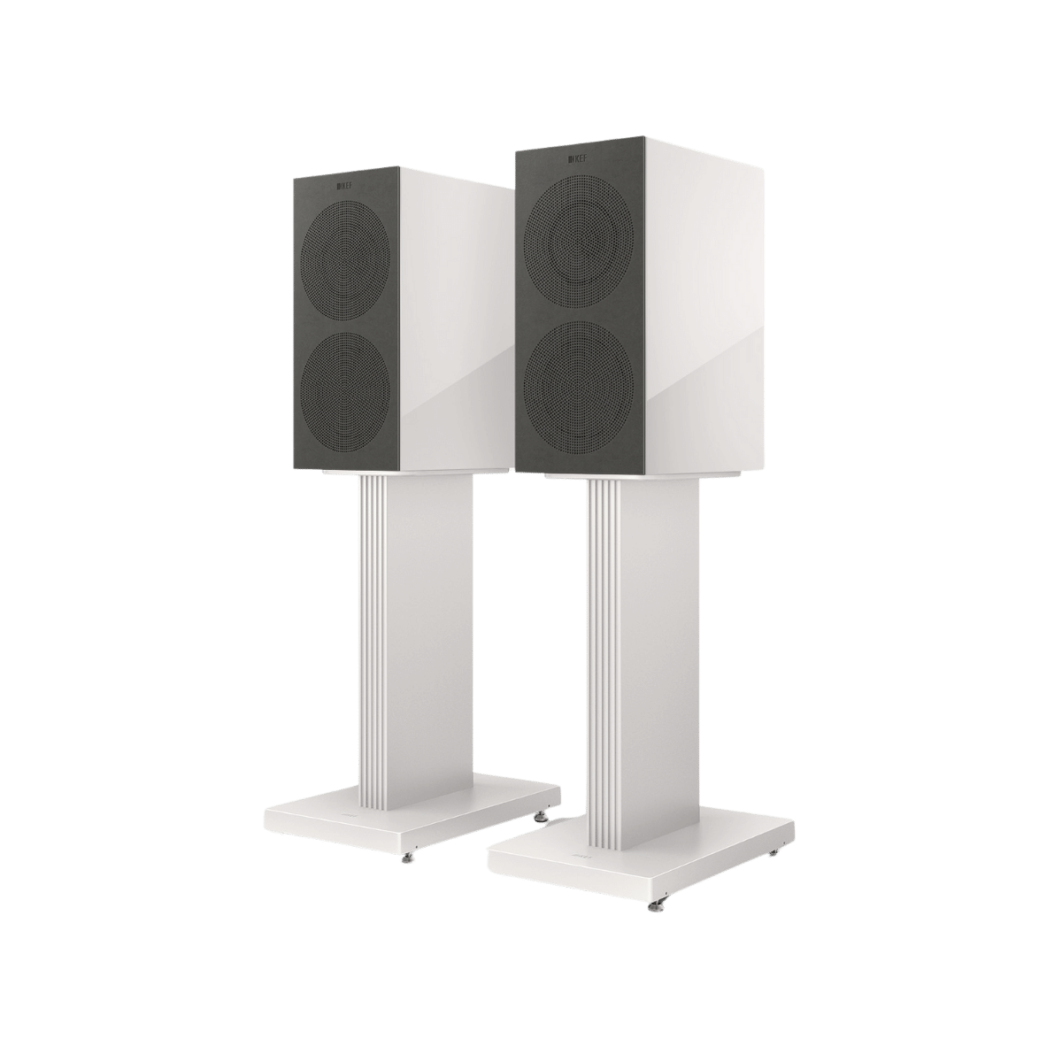 KEF R3 Meta 3-way Bookshelf Speakers in white with grilles on